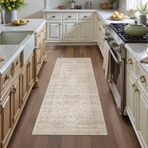 2x6 Washable Beige Vintage Runner Rug for Kitchen Hallway Non-Slip Low Pile Soft Thin Carpet Traditional Retro Distressed Accent Throw Rug for Entryway Bathroom Indoor Bedroom Dorm