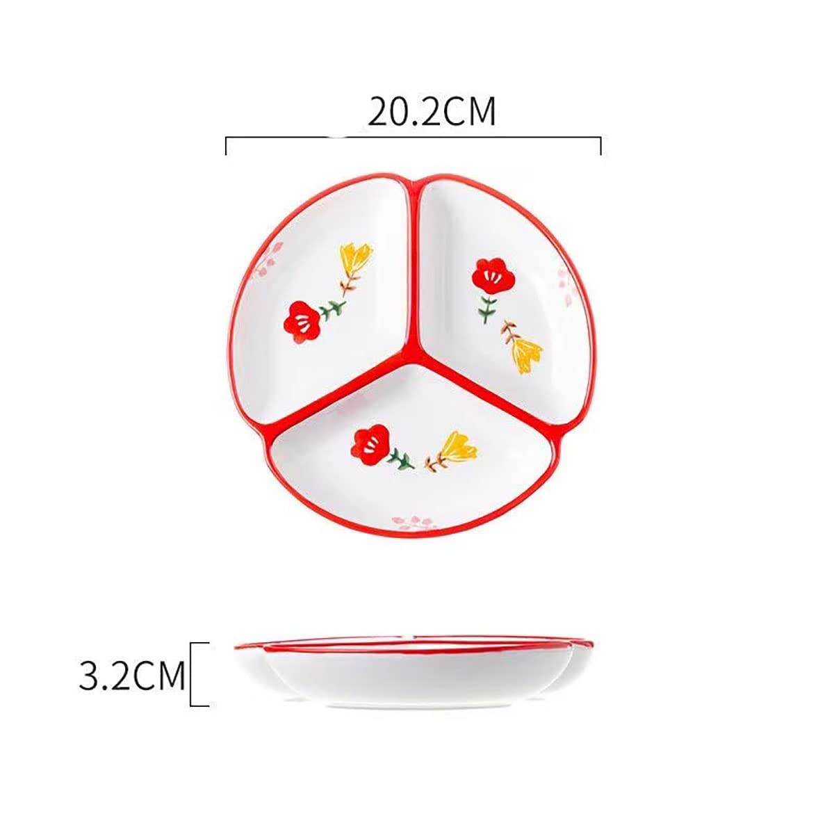 1 x Keramikteller für Portionskontrolle, geteilter Teller, Dessertteller, Salatteller, Speiseteller, 20,3 cm, rote Blume