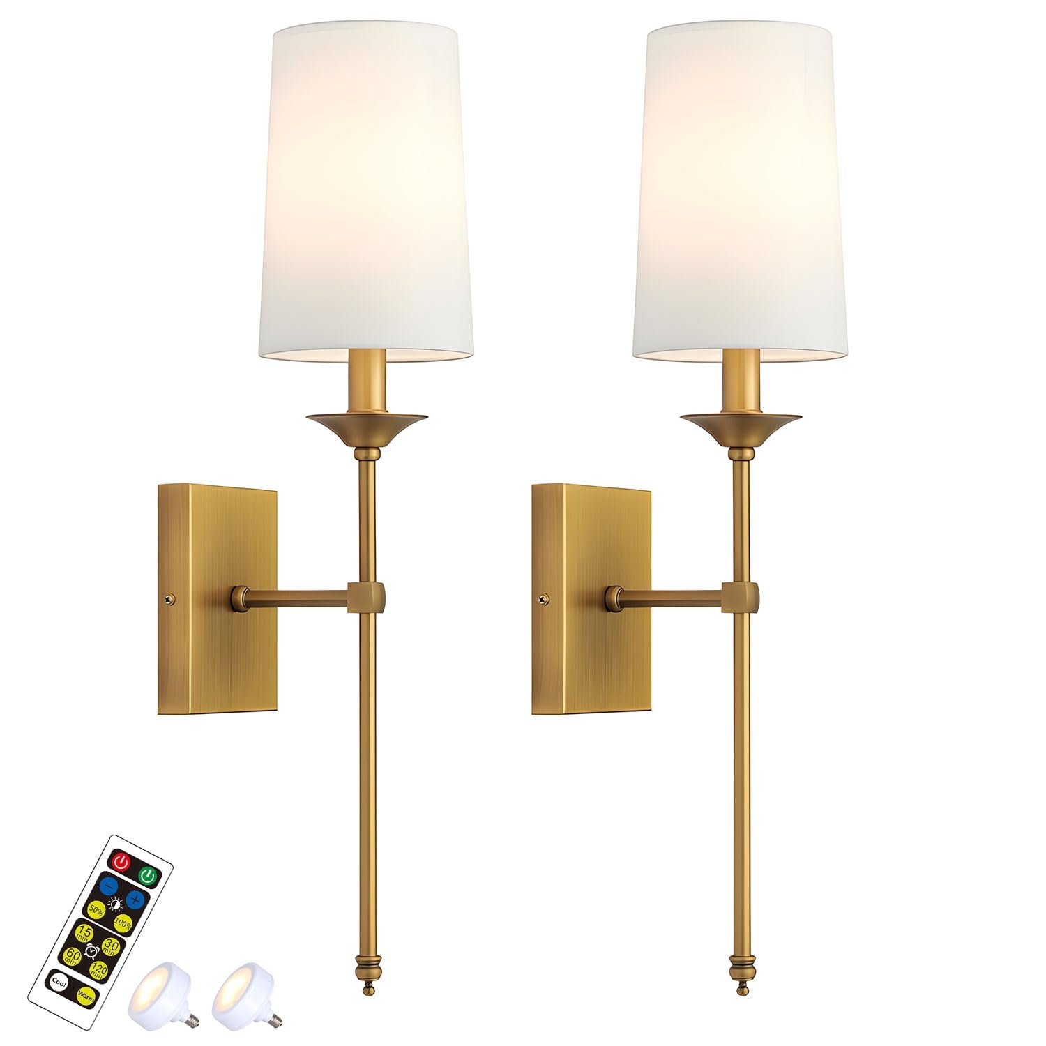 VDOQTLJT Wall Light Battery Operated Sconce Set of 2 Powered with Remote ble Bulb not Hardwired Fixture Indoor Wireless Lamp Compatible with Bedroom Living Room Vanity(Gold,Two colors)