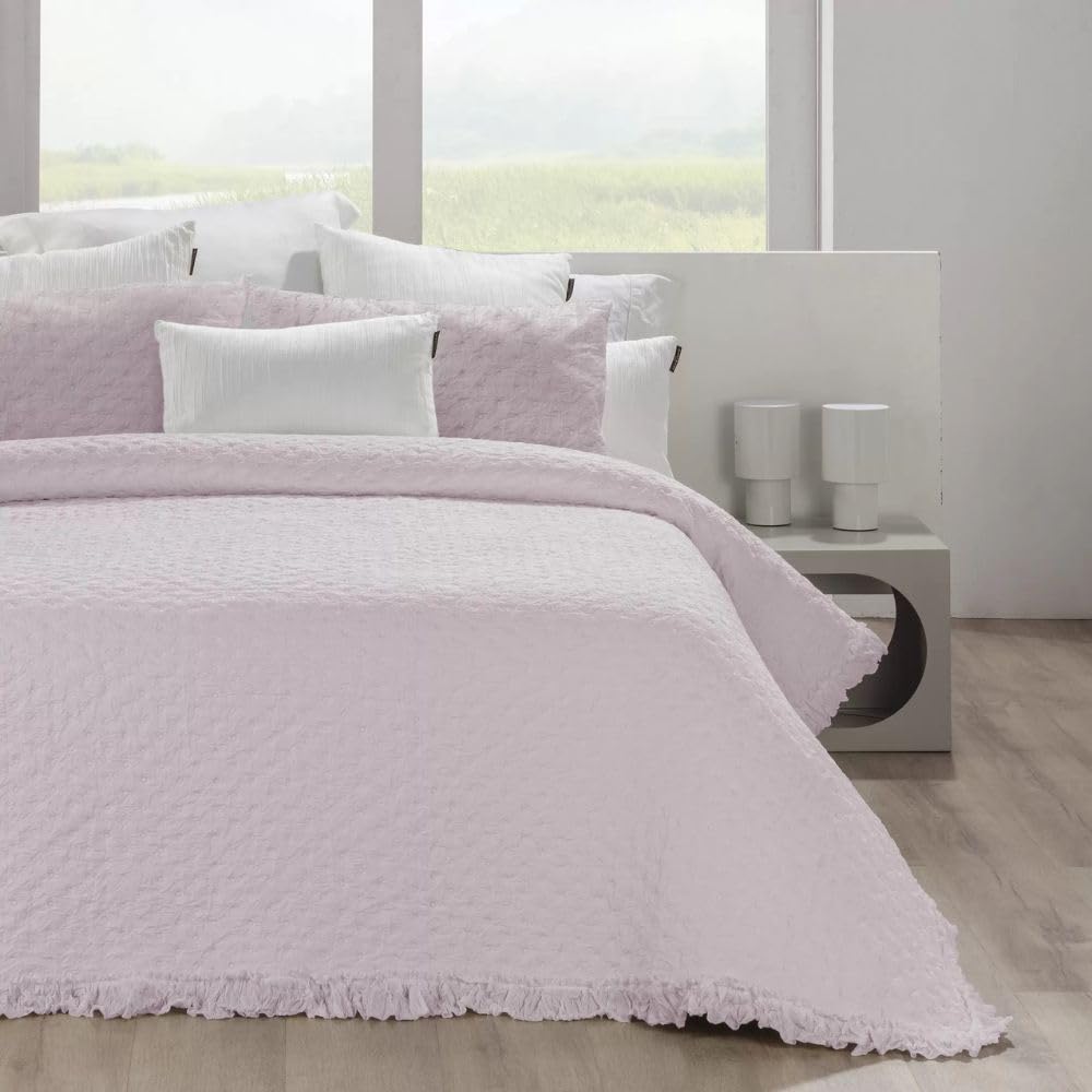 Manterol Colcha bouti Textura Fruncida con topitos y Volante Blanco - Polka (c.04 Malva Empolvado, 135/140 cm)