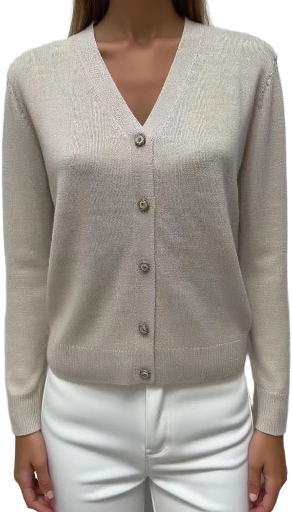 Women's V-Neck Pure Merino Wool Solid Open Front Button Classic Style Cardigan Sweater