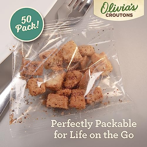 Image of Olivia's Croutons Gluten Free Garlic Croutons, 0.75 oz, 50 Count | Ancient grain bread, dairy free, vegetarian, individual packs, salad and soup topping, non gmo
