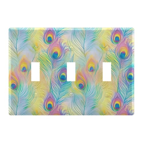 Light Switch Cover Rainbow Peacock Feathers Wall Plates for Electrical Outlets 3 Gang 202b7157