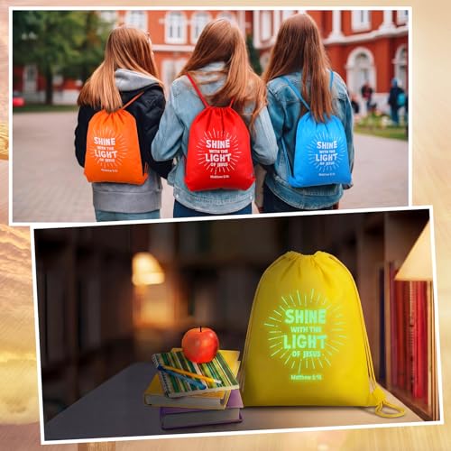 Image of 12 Pcs Shine with The Light of Jesus Drawstring Backpacks Bulk