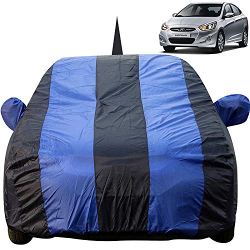 Image of Autofact Car Body Cover with Mirror and Antenna Pocket for Hyundai Verna Fludic (2011 to 2016) - Light Weight, Triple Stitched, Heavy Buckle, Bottom Fully Elastic, Royal Blue Stripes with Navy Blue