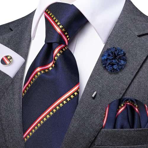 Image of Dubulle Mens Blue Red Tie and Lapel Pin Paisley Striped Floral Necktie for Men Pocket Square Cufflinks Wedding Party