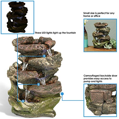 Sunnydaze Tabletop Fountain with LED Lights 5Step Rock Falls Indoor