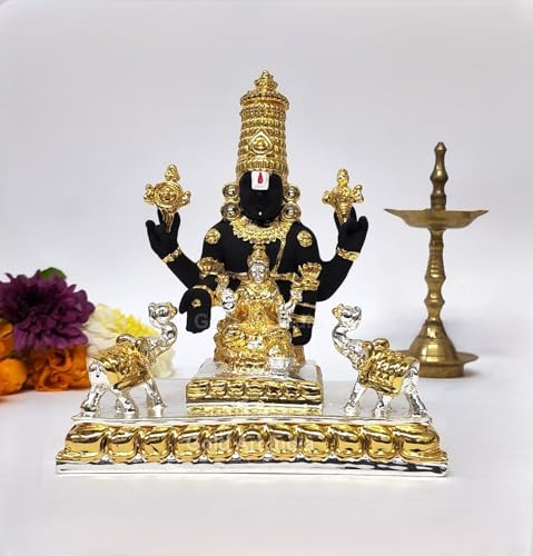 Image of Gold Art India Idol Tirupati Balaji with Gajalakshmi Venkateswara Swamy Statue with Shankha-Chakra & Elephant for House Warming Puja Room Gifting Home & Office Decor Showpiece (Gold Silver Plated 6 inch)