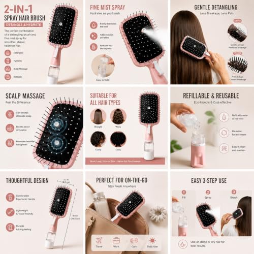 Image of 2-in-1 Spray Hair Brush with Water Mist, Pink