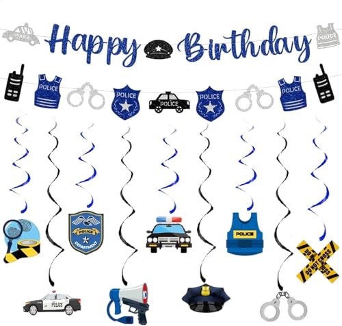 Polícia decoração aniversário grinalda Happy Birthday bandeiras decorativas e ornamentos pendentes em espiral, polícia aniversário feliz decoração para crianças infantil festa com temática detetive