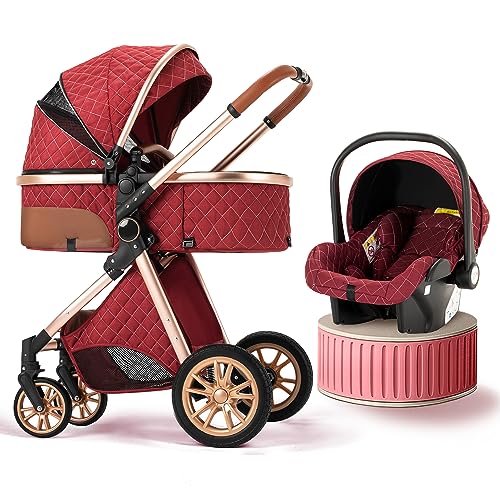 Baby Stroller Travel System, Folding Infant Newborn Reversible Bassinet Pram，3 in1 Luxury High Landscape Pushchair Convertible Stroller (red1)