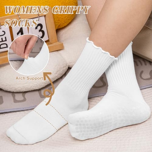 Justay 6 Pairs Womens Pilates Socks with Grips Crew Non Slip Ruffle Cotton for Athletic Workout Barre Hospital Yoga Socks4