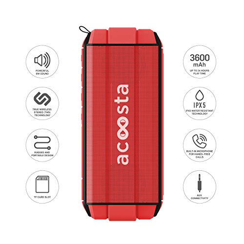 Image of ACOOSTA BOLD 370, IPX5 Waterproof, Portable Wireless Bluetooth Speaker with Bass, 3600 mAh Battery (Upto 24hrs of Playback), True Wireless Stereo, Built in Mic, SD Card & Aux (Scarlet Red)