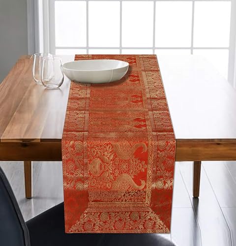 Image of Indian Traditional Decorative Silk Table Runner Kitchen Dining Good Luck Table Cloth for Wedding Bridal Birthday Party Decorations - 60x16 Inches (Orange Gold)