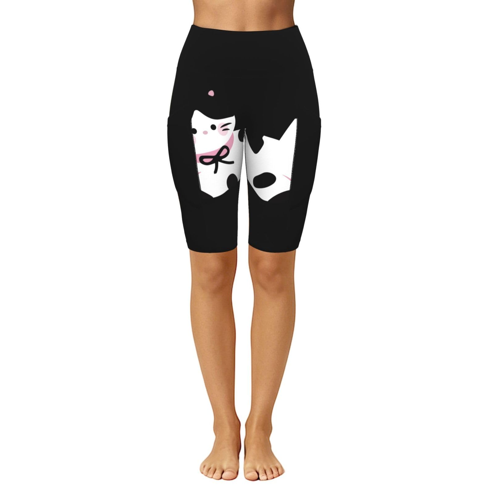 Cow Kitty Tummy Control rozciągliwe legginsy z kieszeniami, Czarny, M