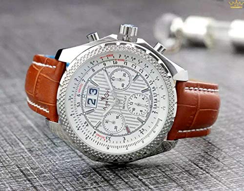 ARABANew Men Chronograph Stopwatch Watch Black Blue White Brown Leather Stainless Steel Sapphire Sports Watches Calendar,Colour:Leather WHite (Color : Leather WHite)