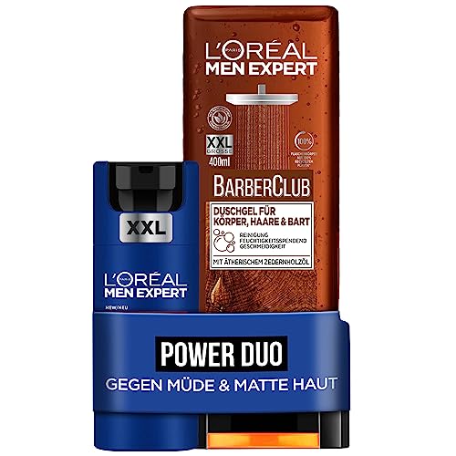 L'Oréal Men Expert Pflegeset für Männer mit Barber Club XXL Duschgel für Körper, Haare & Bart und Power Age Anti-Aging Feuchtigkeitscreme mit Hyaluronsäure für müde und matte Haut