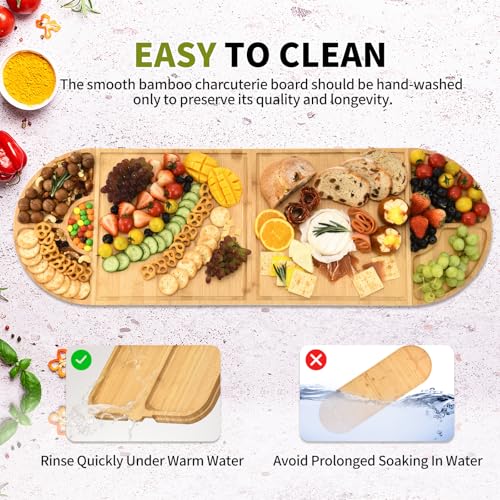 GLOKUUCA Bamboo Charcuterie Boards and Knife Set, 4 in 1 Long & Round Magnetic Extra Large Cheese Platter - Gifts for House Warming New Home, Bridal Shower, Wedding by GLOKUUCA - Image 6