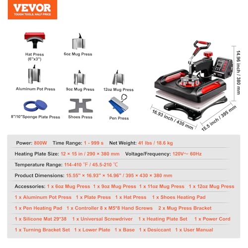 Image of VEVOR 11 in 1 Heat Press, 12 x 15 Inch, Multifunctional Clamshell Printer, Digital Dual-Tube Heat Press Transfer Machine, Swing Away Sublimation Machine for T-Shirt Hat Cap Mug Plate Pen Shoes Black