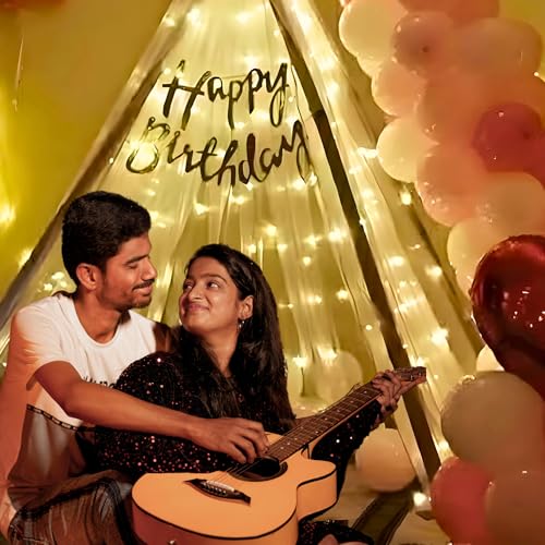 Image of 1iAM Happy Birthday Decoration Item Set Of 29 | 1 pc Cursive Banner, 2pcs White Net, 20 pcs Metallic & 4 Pcs Foil Balloons 1 pc Light, & 1 Pc Glue Dot For Hassel Free Decoration | B'day Decor Combo
