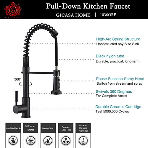 GICASA Commercial Single Handle Kitchen Faucet Oil Rubbed Bronze, Industrial Farmhouse Spring Faucet Pull Down Kitchen Sink Faucet with Pull Out Sprayer