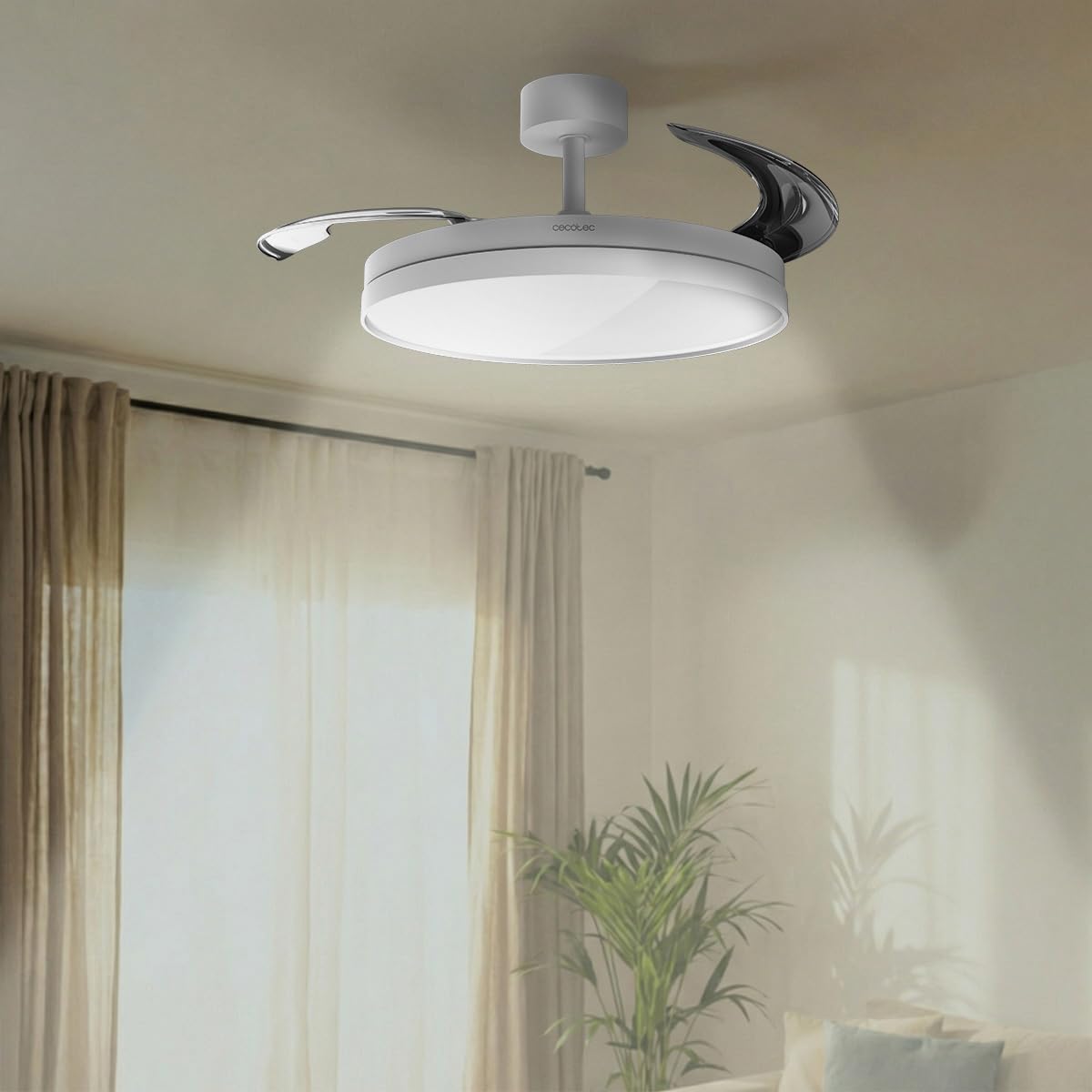 Cecotec Ventilatore da Soffitto con Luce con Pale Retrattili EnergySilence Aero 2440 Invisible Pure White. 30 W, Motore DC, Telecomando, Timer 6 h, 6 Velocità, Funzione Inverno-Estate, Aria Silenziosa