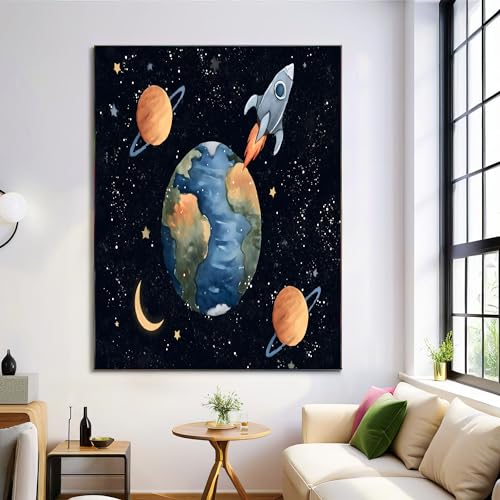 Póster de espacio para habitación infantil: lienzo de Tierra y nave espacial de 60x90cm
