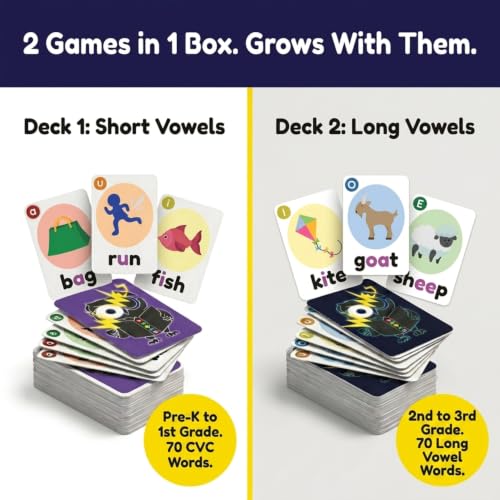 Image of THE BAMBINO TREE WOWELs Phonics and Vowel Sounds Card Game - Learn to Read Kindergarten 1st 2nd Grade Learning - Short Vowel CVC Words and Long Vowel Matching Game 2-8 Players