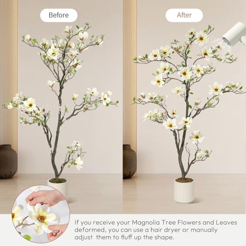 6FT Faux Magnolia Plants Artificial Flower Trees Fake Plants For Yard Patio Home Office Arrangement Decor Indoor Outdoor Artificial Magnolia Tree Inc. 180 Realisc Flowers Vivid Leaves Mosses White Pot