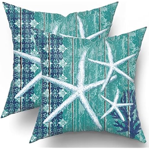 Kawani Nautical Coastal Throw Pillow Covers 18"x18" Set of 2 Beach Theme Wodden Starfish Pillow Cover Cotton Summer Couch Pillow Cases Outdoor Sofa Cushion Cover Modern Decor for Bed Living Room Cover