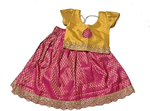 TRADITIONINDIA Tissue Silk & Chanderi Fabric Short Sleeve Party Wear Lehenga Choli for Girls & Kids (Color-Yellow & Hot Pink)