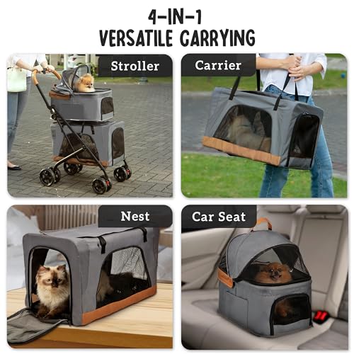 Image of Double Pet Stroller with Detachable Carriers - Ideal for 2 Dogs or Cats - Compact & Convenient Design - Easy Assembly Double Dog Stroller - Graphite Gray