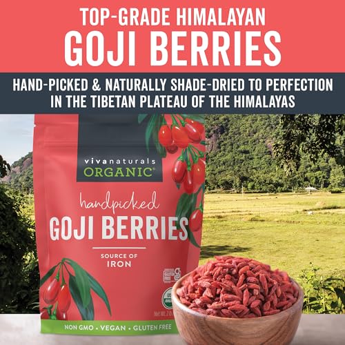 Image of Viva Naturals Organic Dried Goji Berries, (907 g) - Non-GMO, Vegan Wolfberries, Perfect for Goji Berry Tea, Smoothies, Baking & Snacking, 2 Pound (Pack of 6)