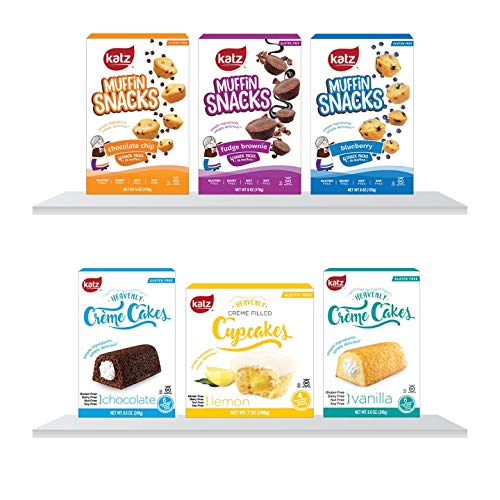 Katz Gluten Free Grab N Go 6 Pack, 3 Muffin Snacks, Fudge Brownie, Blueberry, Chocolate Chip, Vanilla and Chocolate Crème Cakes, Lemon Crème Cupcakes | Dairy Free, Nut Free, Soy Free | 1 Pack of each