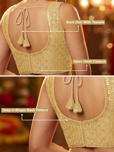 Image of TRENDMALLS Women's Dhupion Silk Embroidery Sequence Work V Neck Sleeveless Blouse Choli Stylish Saree Blouse Ready to Wear