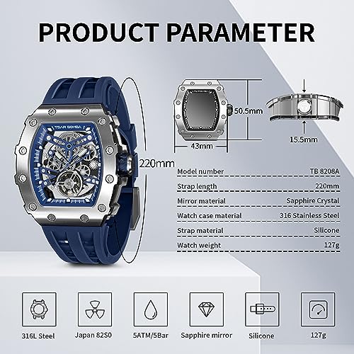 Image of TSAR BOMBA Mens Luxury Watch Automatic Watches for Men 50M Waterproof Japanese Mechanical Movement Tonneau Stainless Steel Case Sapphire Glass Big Face Cool Unique Fashion Gift Men