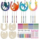 Huahuanghui HufEisEn Holz zum Bemalen 16 Stück, Holz HUFEisEN Windspiel Bastelset mit Aquarellstift und Glitzersteinen Sticker, Kindergeburtstag, Pferde Geburtstagsdeko