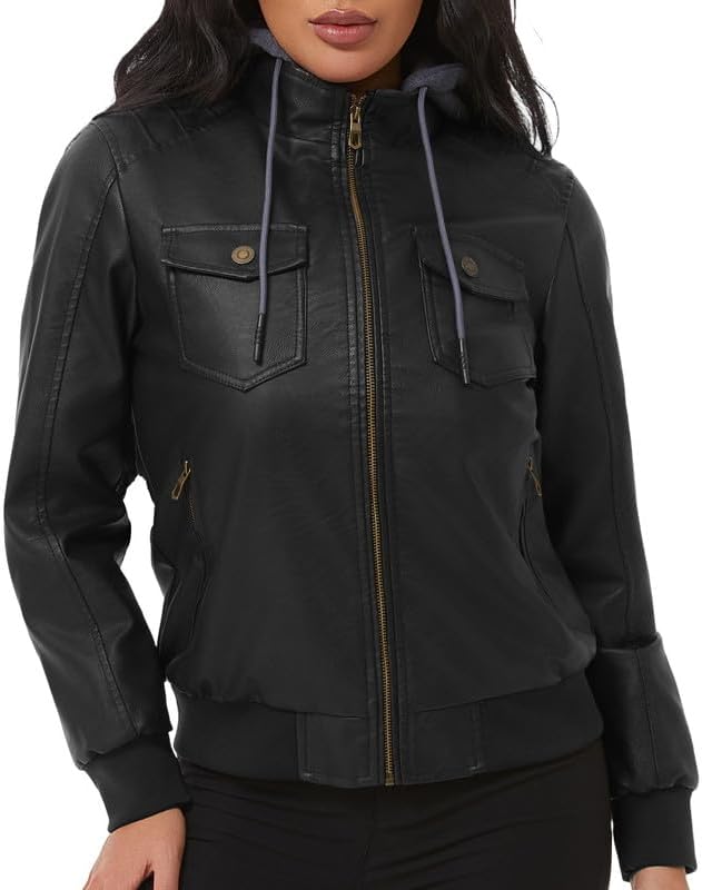 KVE Women's Faux Leather Jacket Waterproof Motorcycle Bomber Jacket Vintage PU Moto Biker Coat - Image 2