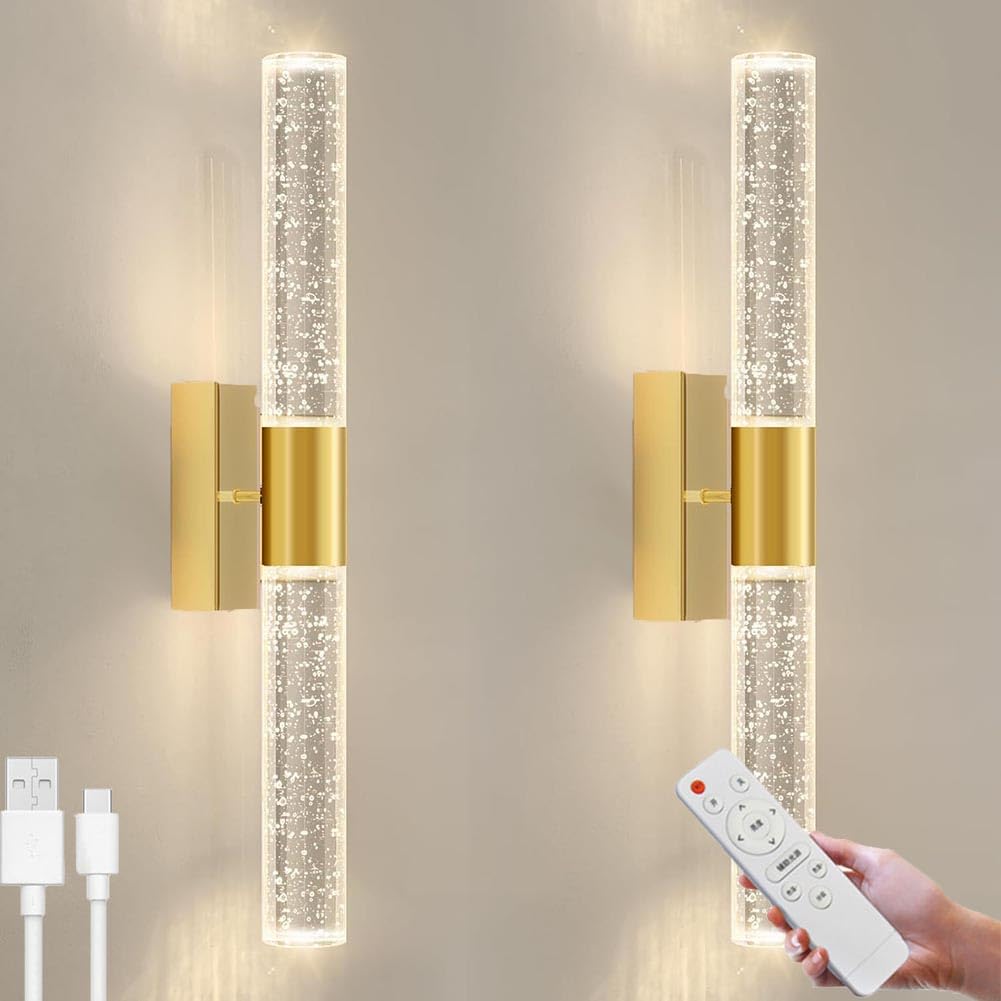 SXECAEPS LED Rechargeable Wall Light - Cordless Crystal Lamp with Remote Control, Dimmable, Indoor Bedside Lamp, Round Up and Down Lighting