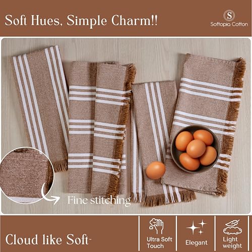 Image of Prewashed Striped Dish Towels 4 Pack, 16x26 Inches, Quick Dry Towels for Kitchen, Durable, Reusable and Absorbent Wash Cloths Set, Washable Fabric, Heavy Duty for Daily Use - Brown