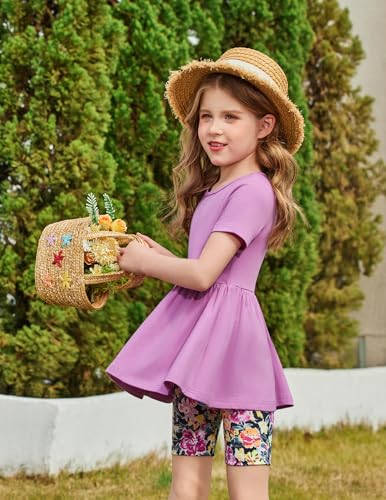 Image of Arshiner Girls Summer Outfits Short Sleeve Ruffle Hem Top and Biker Shorts Set Girl Clothes 4-15 Years