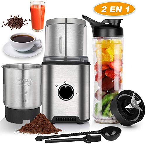 Anpro Molinillo de Café Eléctrico de Acero Inoxidable con 2 Tazas y Botella de Zumo para Pimienta,Sal,Especias,Semillas,Frutos,350W Potencia,2 Usos para Molinillo de Café y Exprimir el Jugo