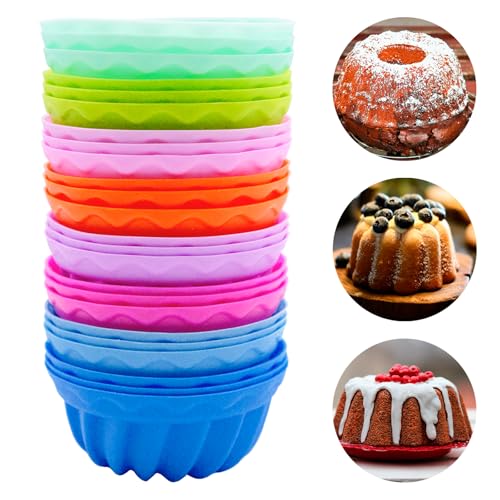 Ennoxwi 24 Pcs Silicone Cupcake Moulds Reusable Fluted Ring Cake Tin Non-Stick Muffin Cheesecake Tray for Pudding