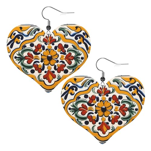 Boucles d'oreilles Pendantes en Forme de Cœur Boucle Doreille en Céramique Mexicaine - Élégantes et Belles - Légères - Pour Femmes et Filles, Taille Unique, Cuir