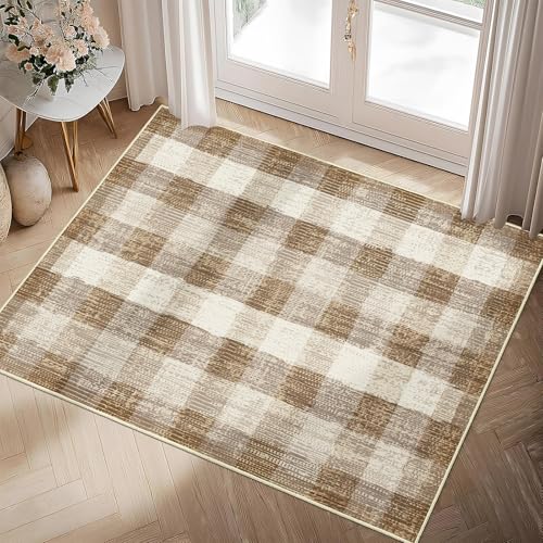 Image of Checkered Area Rug, 2x3, Brown | Washable, Non Slip, Modern Neutral, For Living Room Bedroom Office Patio Dining Room