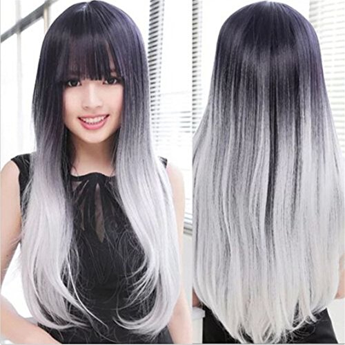 Superwigy New Arrival Lolita Ombre Gradient Black+Gray Wig Women Long Straight Ombre Hair Anime Full Wigs