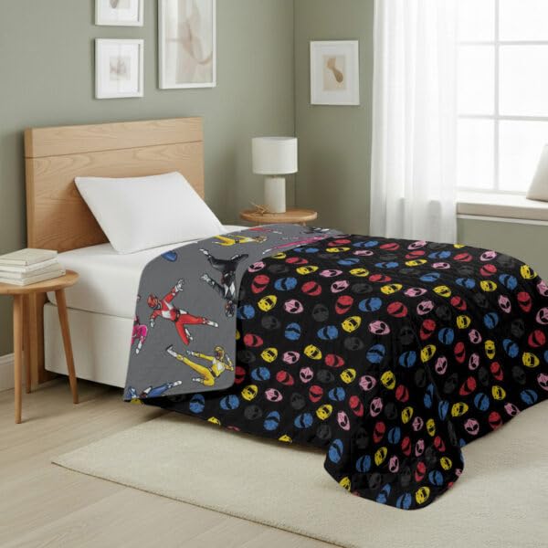 Image of Power Rangers and Helmets Quilted Throw Blanket, Classic Mighty Morphin Helmet Icons, Comfy Throw, Adults Boys Girls, Soft Lightweight Bedding for Bed, or Couch, 60 x 80 Inches