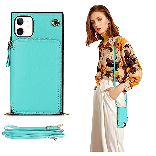 Defbsc Crossbody Zipper Wallet Iphone 12 Mini Case, Square Wallet Case With Crossbody Chain Credit Card Holder Slot Shoulder Handbag Purse Wrist Strap Case For Iphone 12 Mini 5.4 Inch(Mint Green) #TOP9
