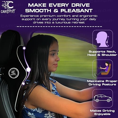 Image of Carigiri Cradle Car Neck Rest Cushion|1 Year Warranty| Memory Foam Neck Pillow| Seat Headrest Cushion| Car Neck Pillow for Neck Pain Relief in Office, Driving(Large+,Black,White Hemming,Pack of 1)