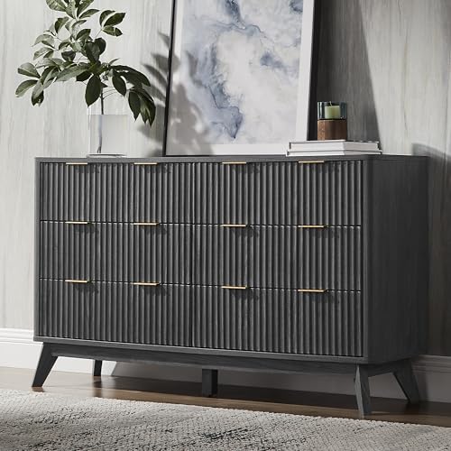 Image of T4TREAM Fluted 6 Drawers Dresser, 54 inch Wide Modern Chest of Drawers, Curved Profile Design, Dresser TV Stand, Wood Drawer Organizer for Bedroom, Living Room, Hallway, Dark Alder